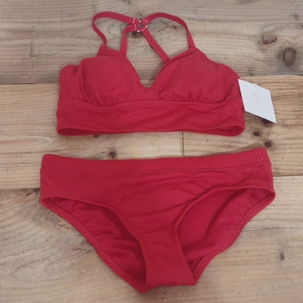 Eco Beach Red Longline Bralette Bikini Top & Full Coverage Bottoms Size S/M NWT